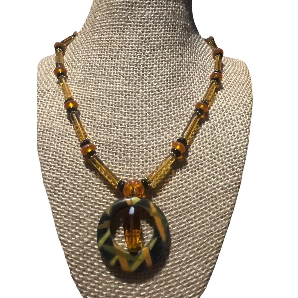 Vintage Glass Bead Necklace Round Acrylic Pendant Yellow Orange Black Hook 19"